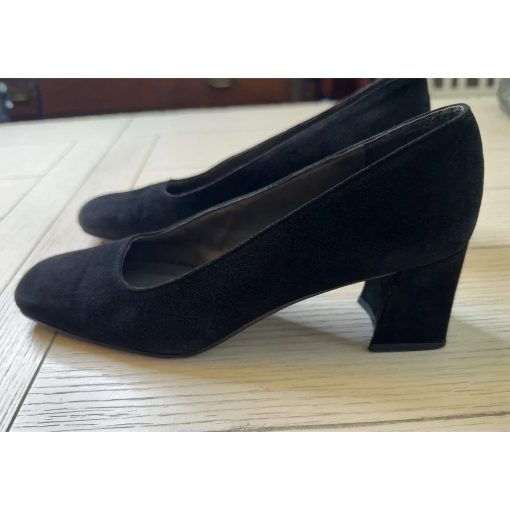 Stuart Weitzman VTG‎ 9 AA Blk Suede Block Heels Square Toe 2.5